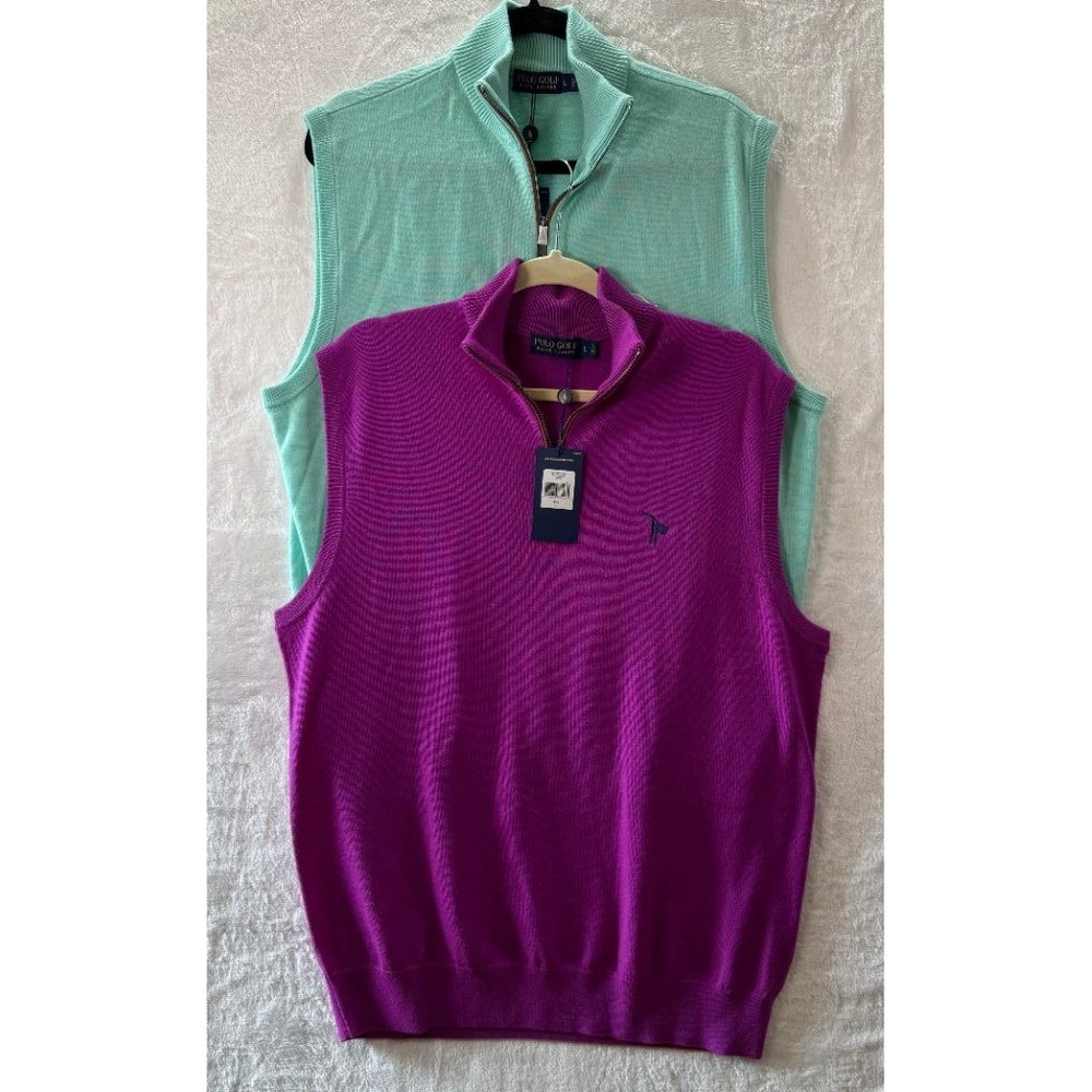 Polo Golf Ralph Lauren Merino Wool 1/4 Zip Sweater Vest Mens L NWT Purple Mint